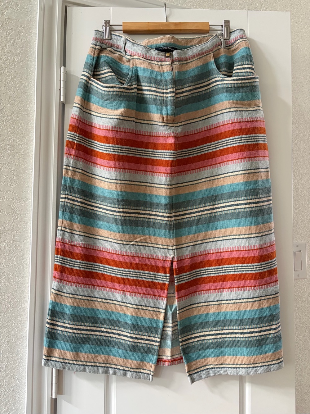 Denim&Co Striped Maxi Skirt in Teal, Coral, Cream & Brown